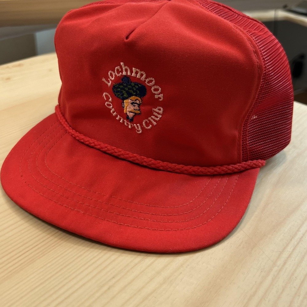 Vintage Town Talk Lochmoor Country Club Hat Cap Strap Back Mens Red Rope Trucker